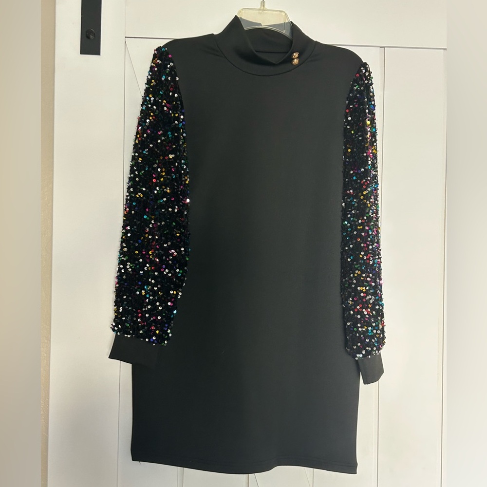 HUGE SALE! COCKTAIL DRESS BLACK MUTI-COLORED SEQUIN SLEEVES  NWOT LARGE